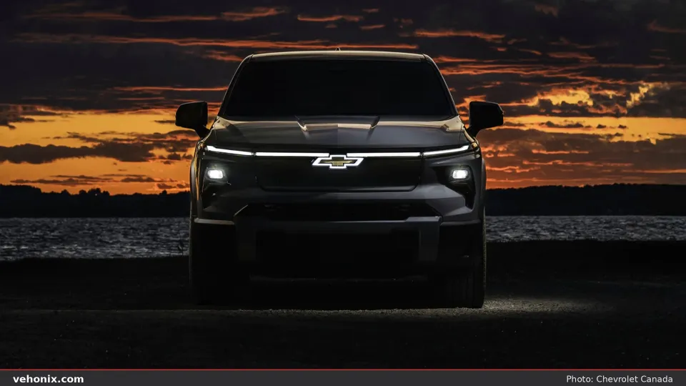 2026 Chevrolet Silverado EV WT Ext, front view at sunset