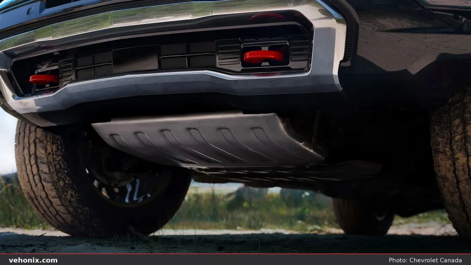 2026 Chevrolet Tahoe in black, front underbody and tow hook detail