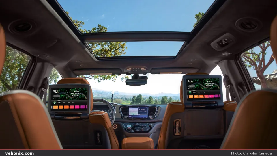 2026 Chrysler Pacifica cabin looking forward with rear screens and panoramic sunroof