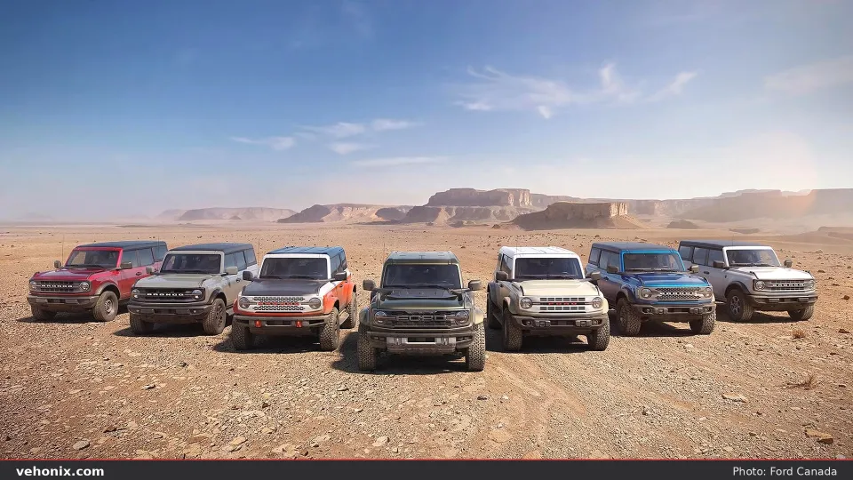 Seven 2026 Ford Bronco SUVs in different colours parked side by side in a desert (Photo: Ford Canada)