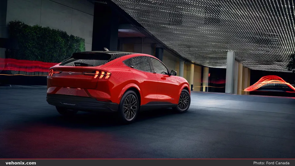 Rear exterior view of a 2026 Ford Mustang Mach-E® Premium model parked outdoors