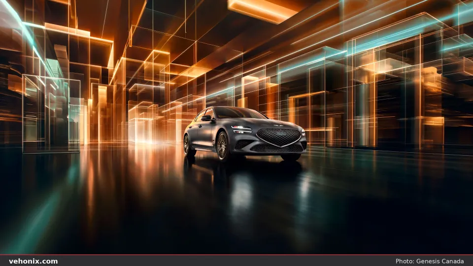 2026 Genesis G70 in dark grey, low front three-quarter with orange light streaks