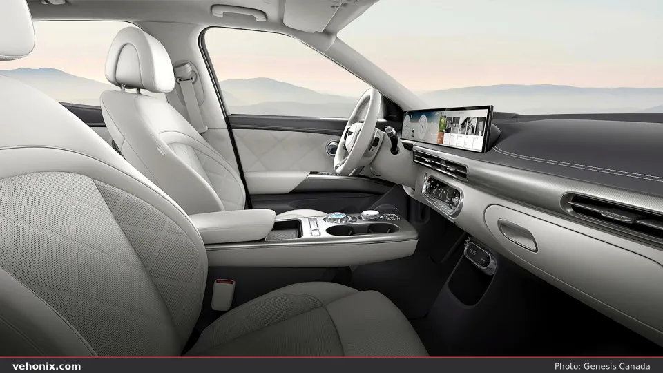 2026 Genesis GV60 Advanced cabin in ash gray and glacier white two-tone leather