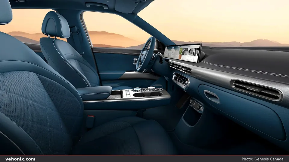 2026 Genesis GV60 Advanced cabin in aqua green and galaxy black with yellow piping