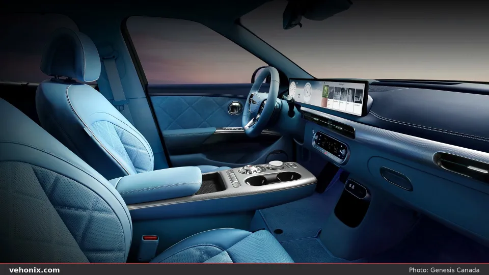2026 Genesis GV60 front seats in light blue quilted leather with Crystal Sphere