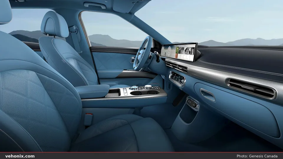 2026 Genesis GV60 front cabin in Prussian sky blue with dual wide displays