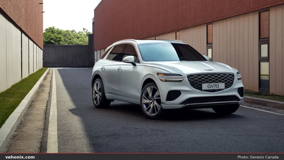 2026 Genesis GV70 in white, front three-quarter between a brick building and wall