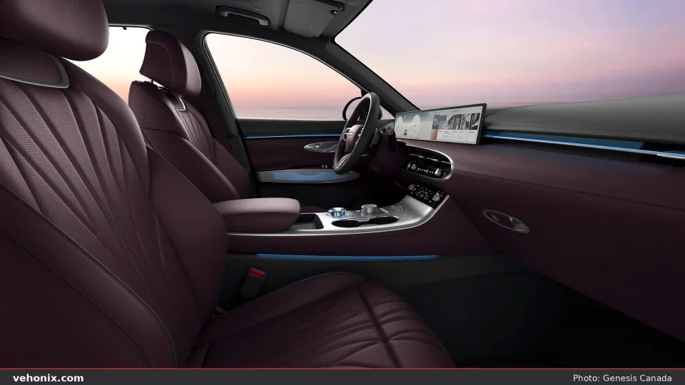 2026 Genesis GV70 cabin in burgundy quilted leather with blue ambient lighting