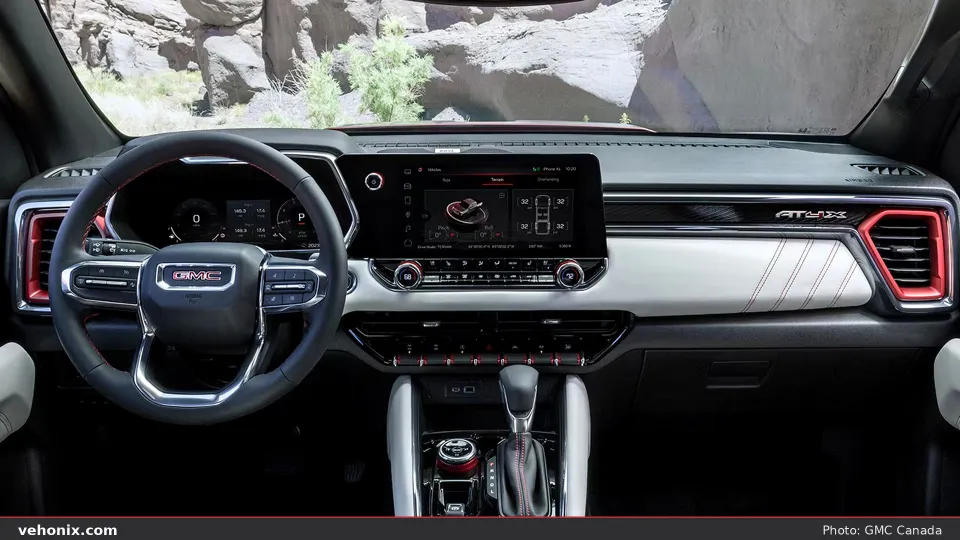 2026 GMC Canyon AT4 cabin interior with off-road focused displays