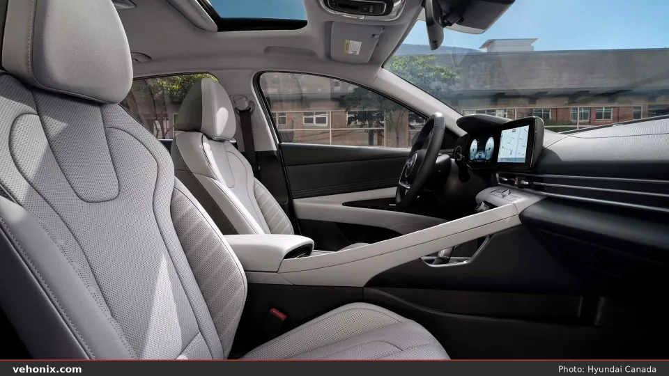 2026 Hyundai Elantra light grey front seats and dual-screen dashboard