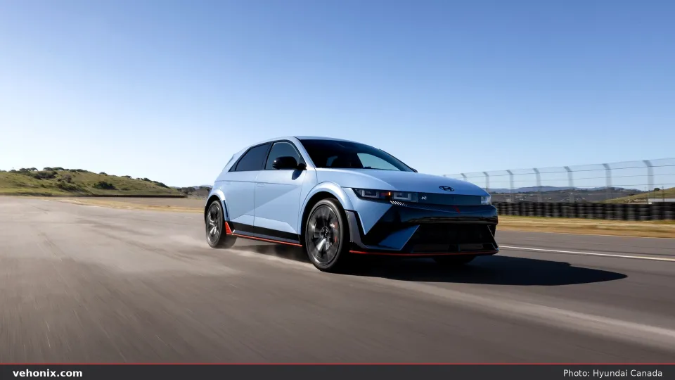 2026 Hyundai IONIQ 5 N in Performance Blue, low front view on a racetrack