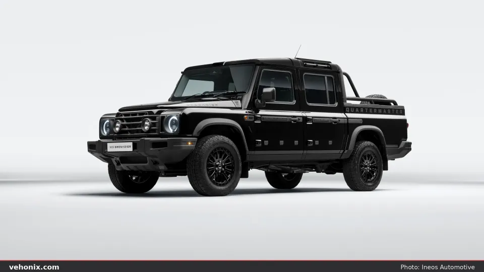 2026 Ineos Grenadier Quartermaster Black in black, front three-quarter exterior