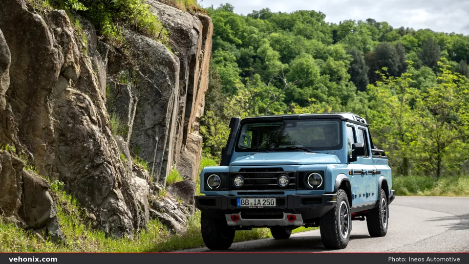2026 Ineos Grenadier Quartermaster Trialmaster in blue-grey, front three-quarter exterior