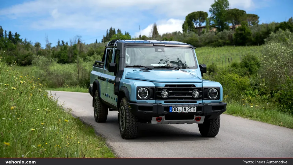 2026 Ineos Grenadier Quartermaster Trialmaster in blue-grey, front three-quarter exterior