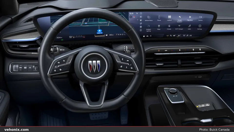 2026 Buick Enclave cockpit with ultrawide curved display and tri-shield steering wheel