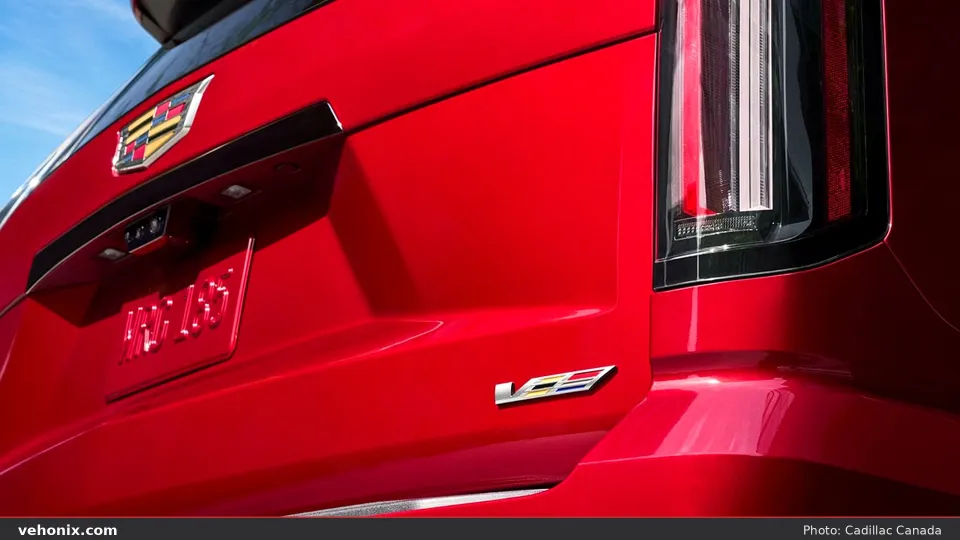 2026 Cadillac Escalade-V red tailgate with V-Series badge and vertical LED taillight