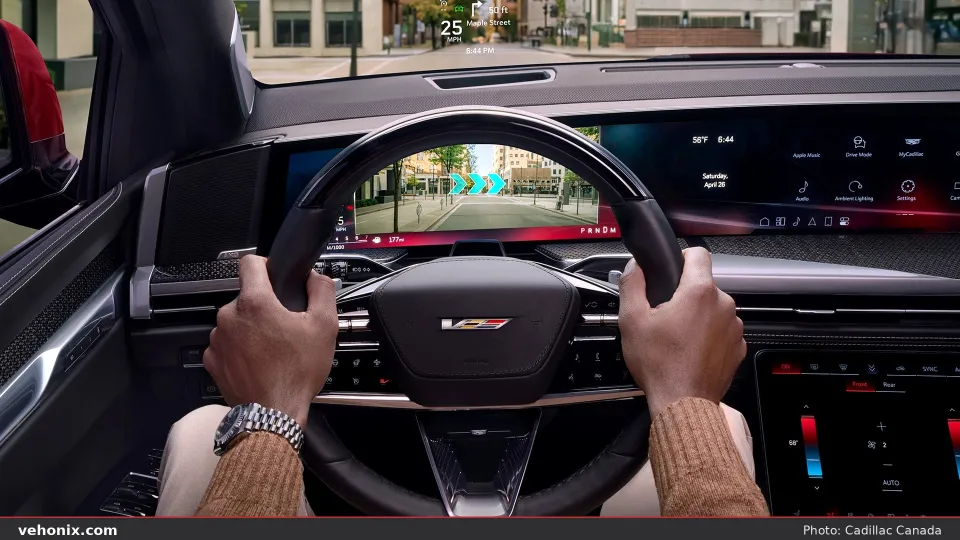 2026 Cadillac Escalade-V driver view of curved display HUD and steering wheel
