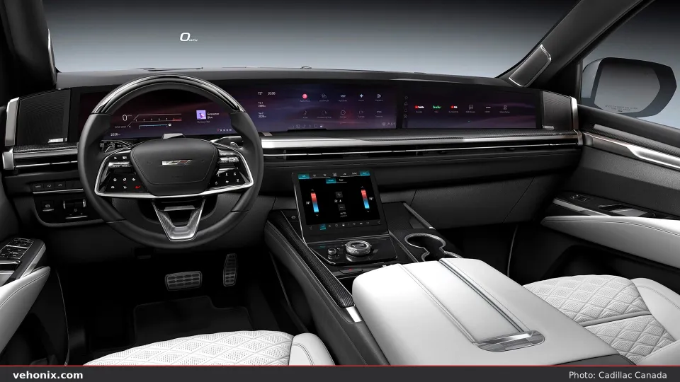 2026 Cadillac Escalade-V pillar-to-pillar curved display and white quilted seats