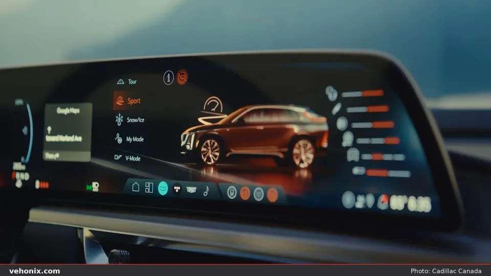 2026 Cadillac LYRIQ-V curved display showing Sport and V-Mode drive settings