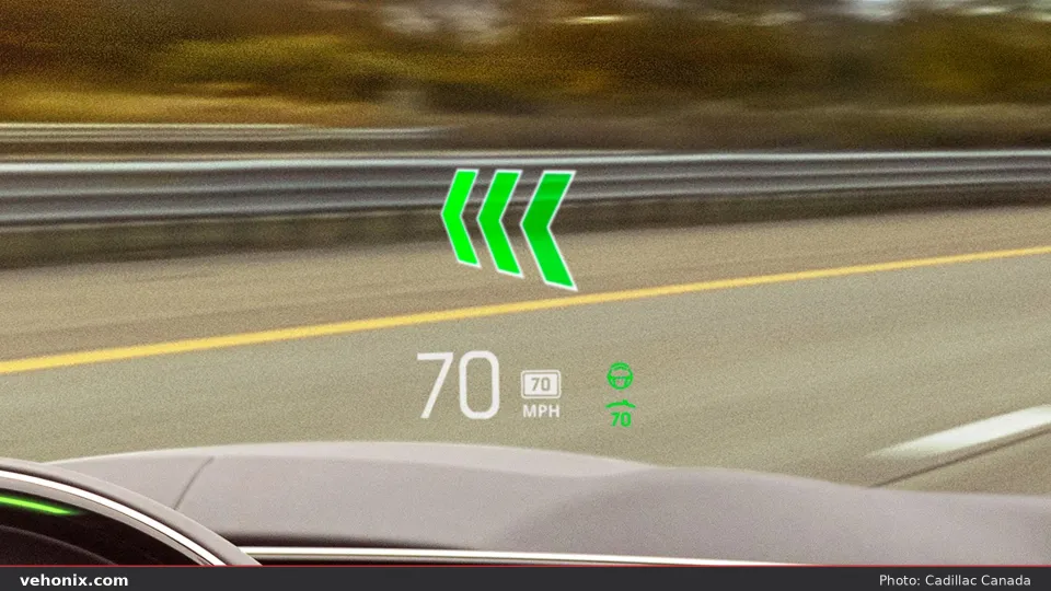 2026 Cadillac LYRIQ-V head-up display with navigation arrows and Super Cruise icon