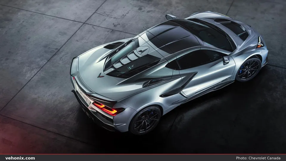 2026 Chevrolet Corvette ZR1X in silver, overhead rear three-quarter view