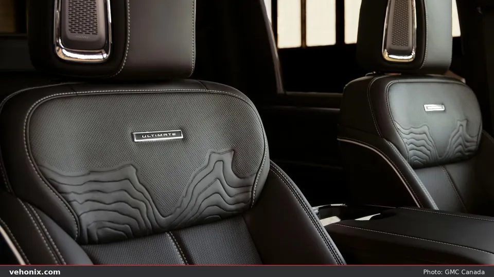 2026 GMC Sierra Ultimate front seats with embossed leather and Bose headrests