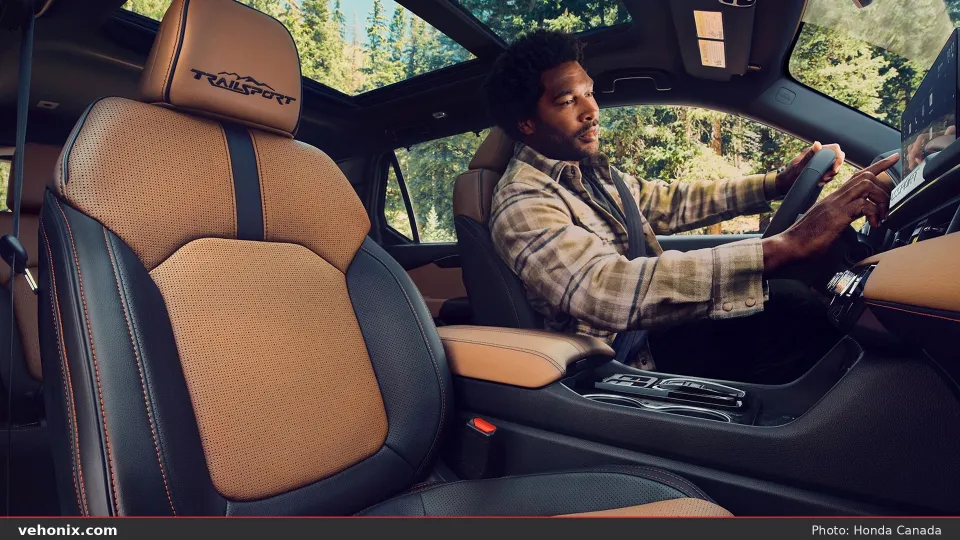 2026 Honda Passport TrailSport Elite tan leather seats with TrailSport headrest