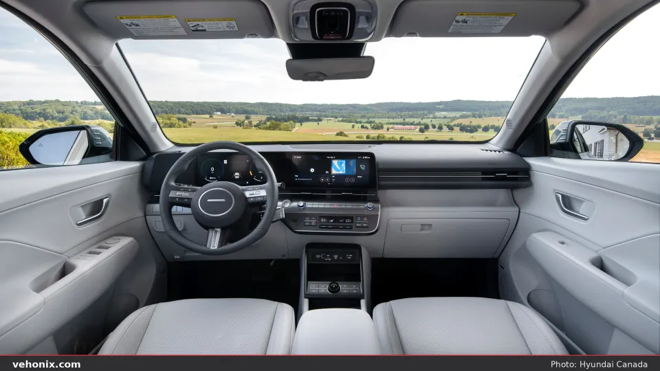 2026 Hyundai Kona light grey cabin with dual curved screens and steering wheel