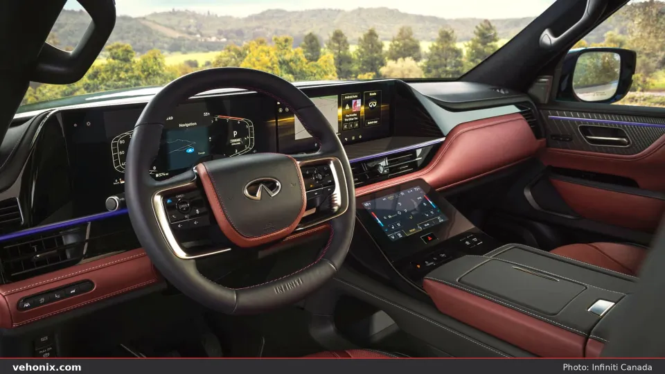 2026 Infiniti QX80 cockpit with burgundy leather interior