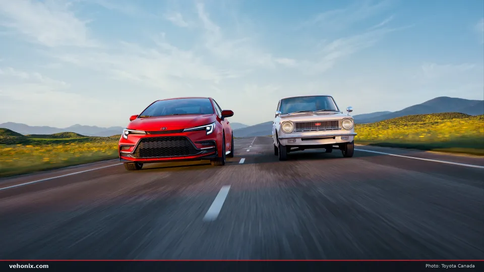 2026 Toyota Corolla in red, front view driving beside a classic Corolla