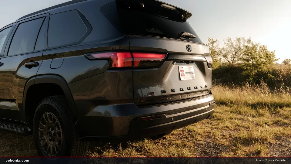 2026 Toyota Sequoia Trailhunter rear quarter close-up with tail light and badge
