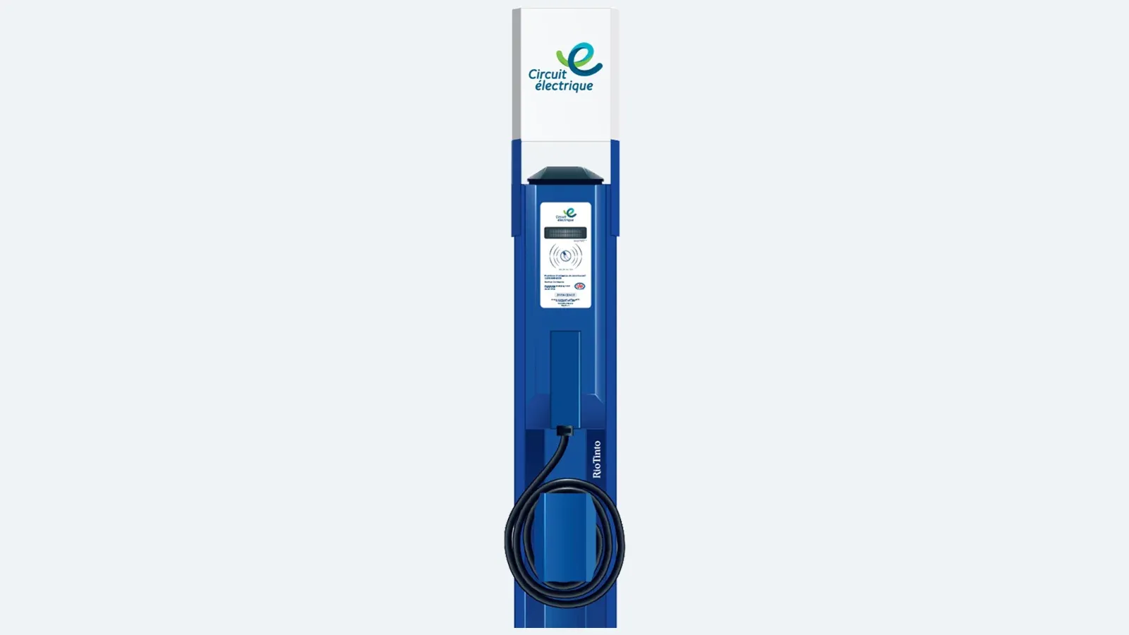 A blue Circuit électrique Level 2 EV charging station with its charging cable coiled on the front