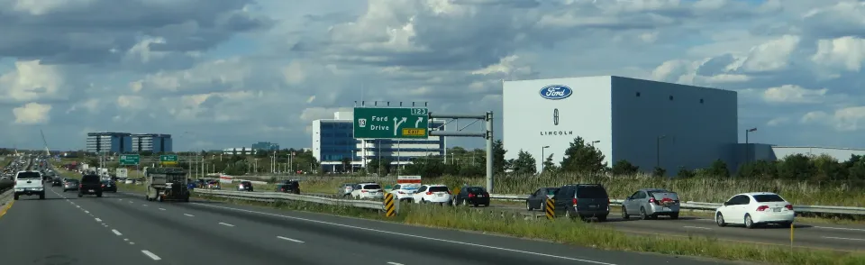 The long Ford Oakville Assembly Plant building in Oakville, Ontario