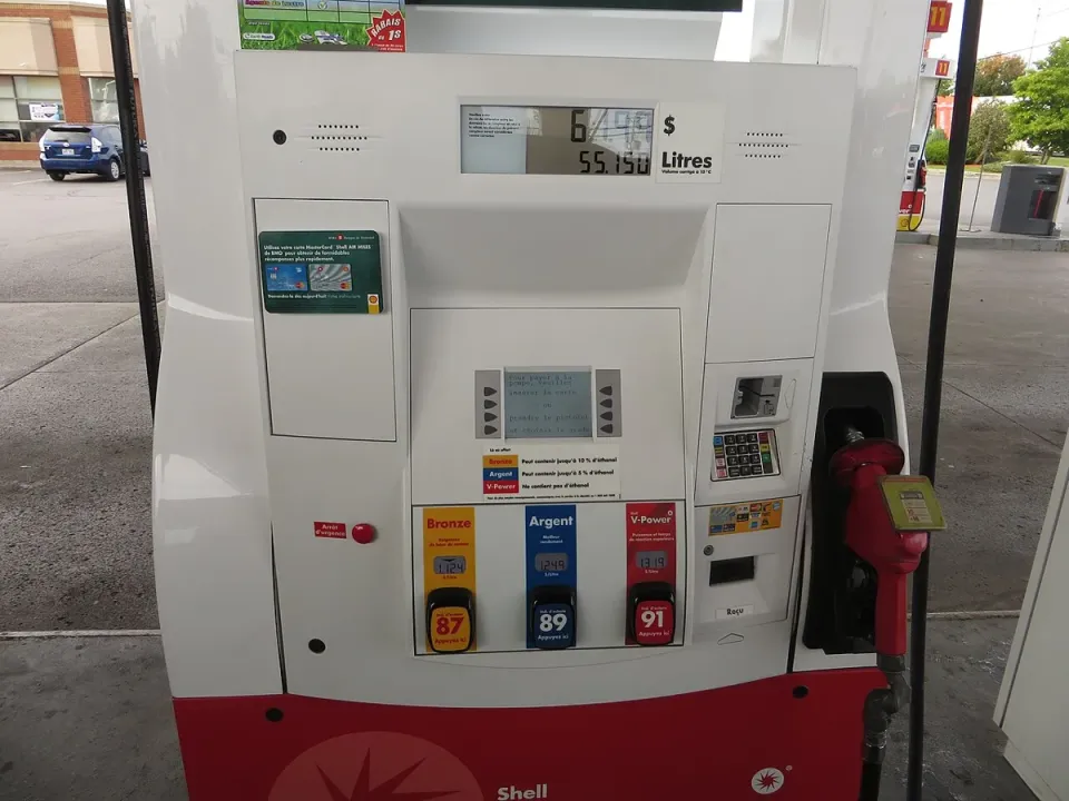 A gas pump with a French label at a station in Saint-Jean-sur-Richelieu, Quebec