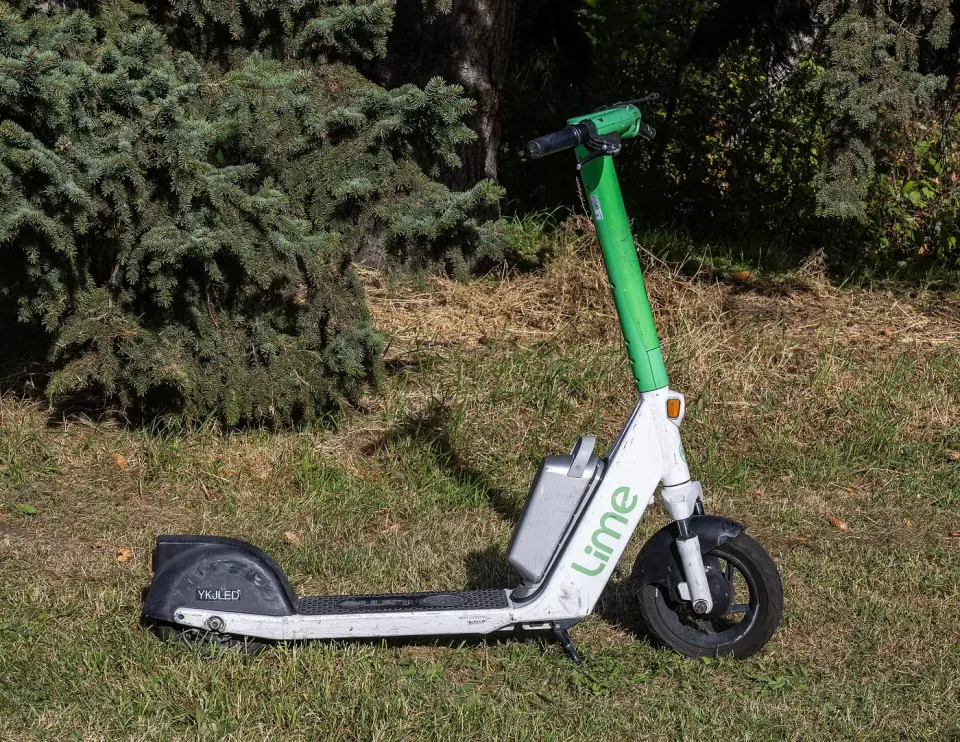 A green and white Lime shared e-scooter standing on grass in Edmonton