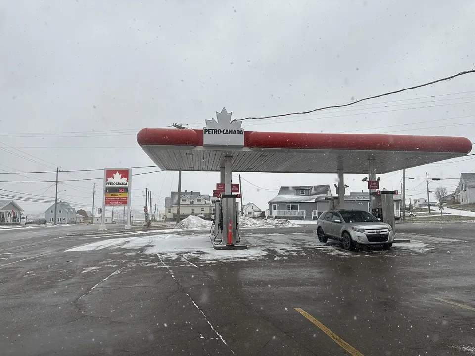 A Petro-Canada gas station during a blizzard in Souris, Prince Edward Island