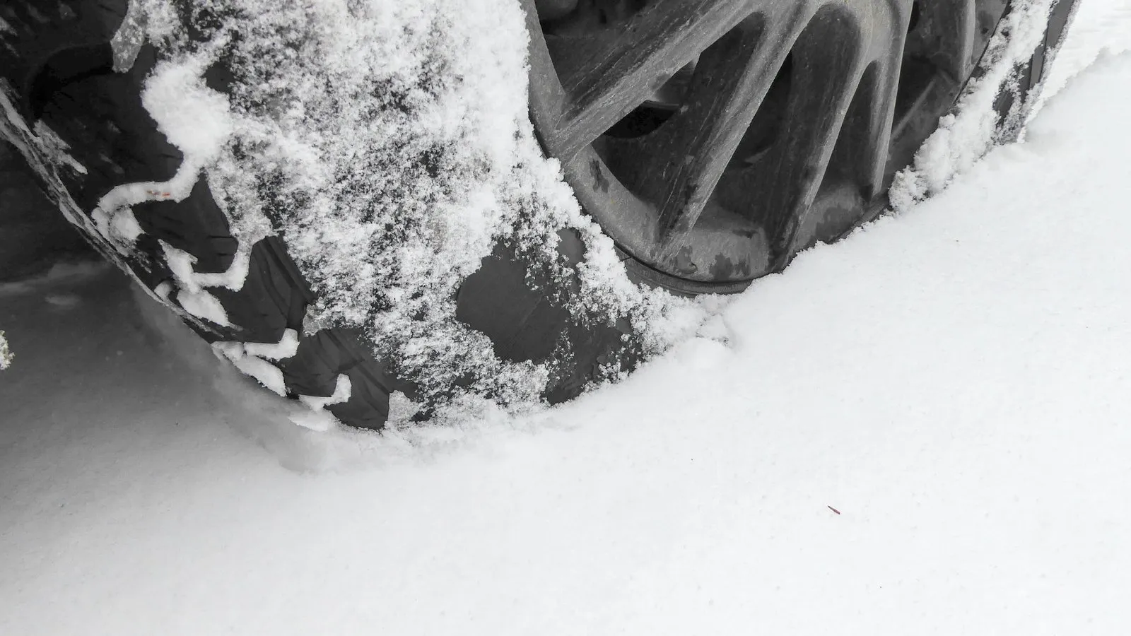 Un pneu d'hiver qui roule dans la neige fraîche et la compacte devant la bande de roulement